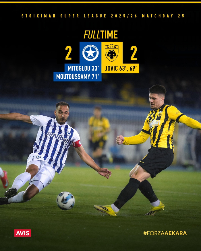 雅典AEK客场逼平阿特罗米托斯 约维奇双响助球队