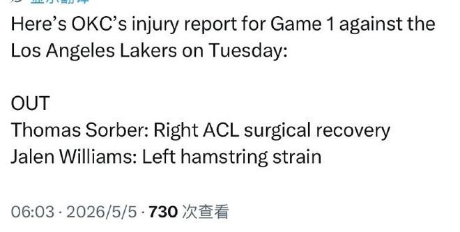 湖人核心伤缺迎战雷霆，G1关键战面临阵容挑战
